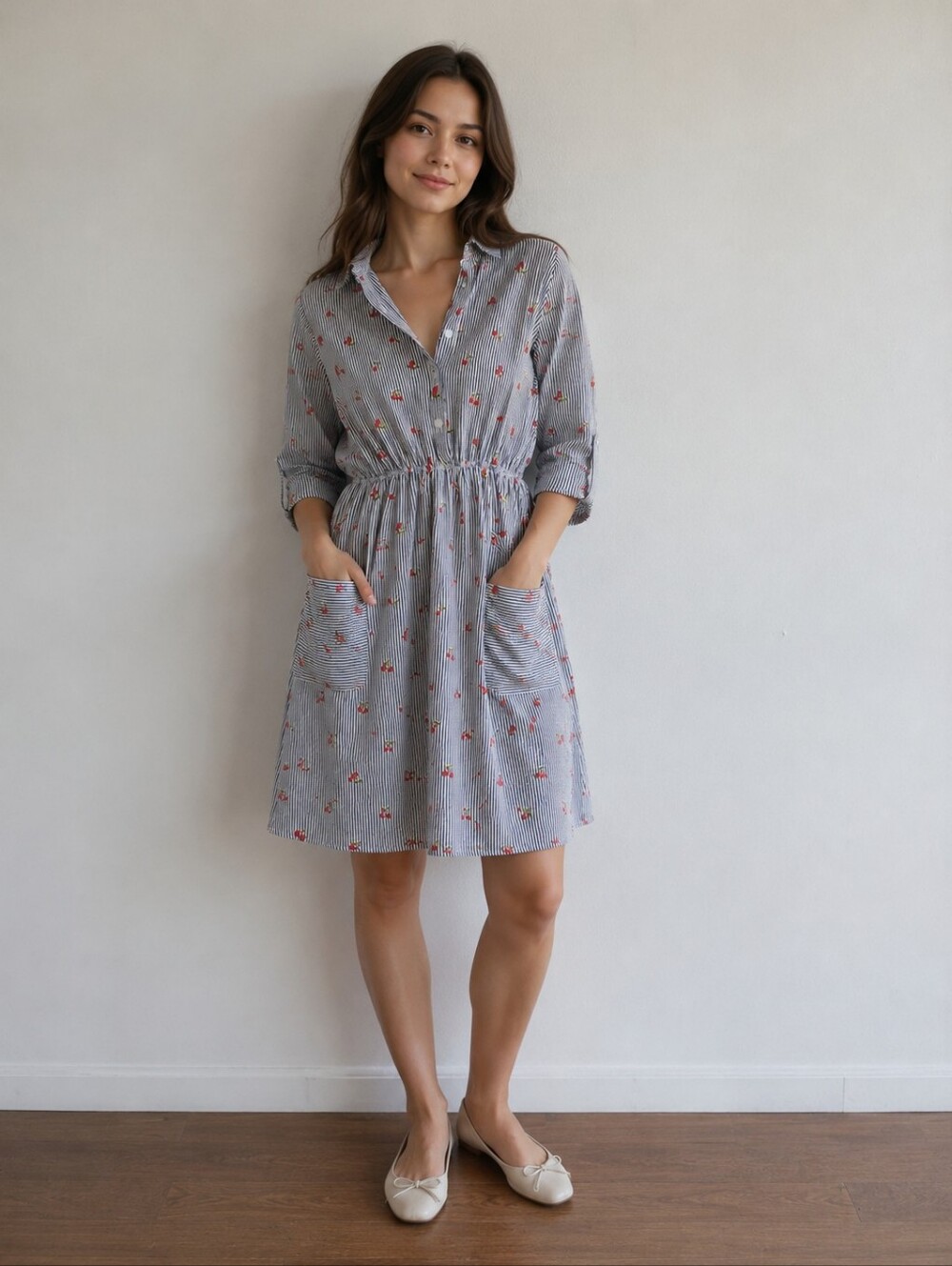 Striped Cherry Print Shirt Dress, Blue with Red Cherries (With Pockets!)